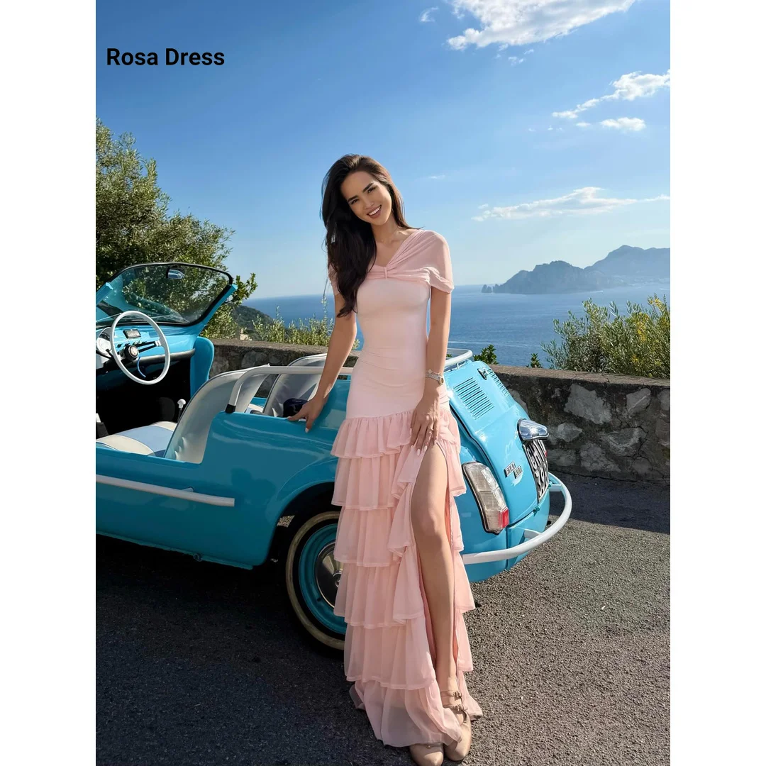 Customized Evening Dresses Woman Elegant Woman Dress Pink Line A Short Sleeves Multi-layer Women's Evening Dress for Weddings