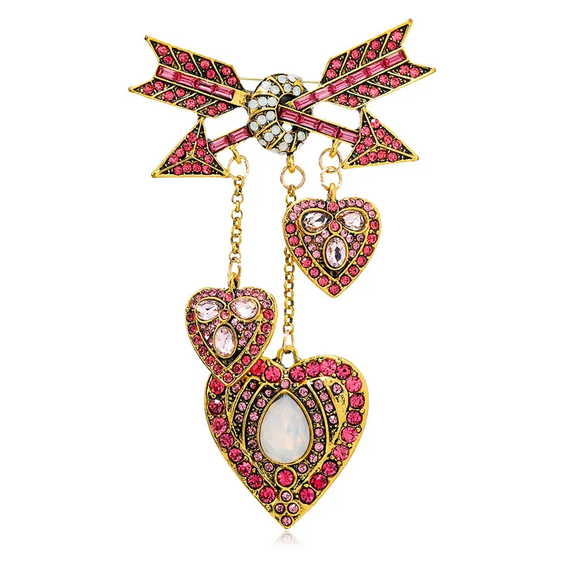 Heavy Industry Vintage Cupid Love Arrow Brooches Luxury Heart Shape Tassel Design Jewelry Pins 3-colors Eros Badges