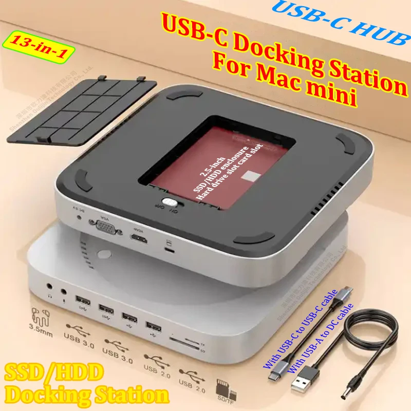 HUB USB-C Docking Station HDMI 4K USB 3.0 high speed VGA SD TF built-in 2.5-inch SSD/HDD hard disk enclosure For Apple Mac mini