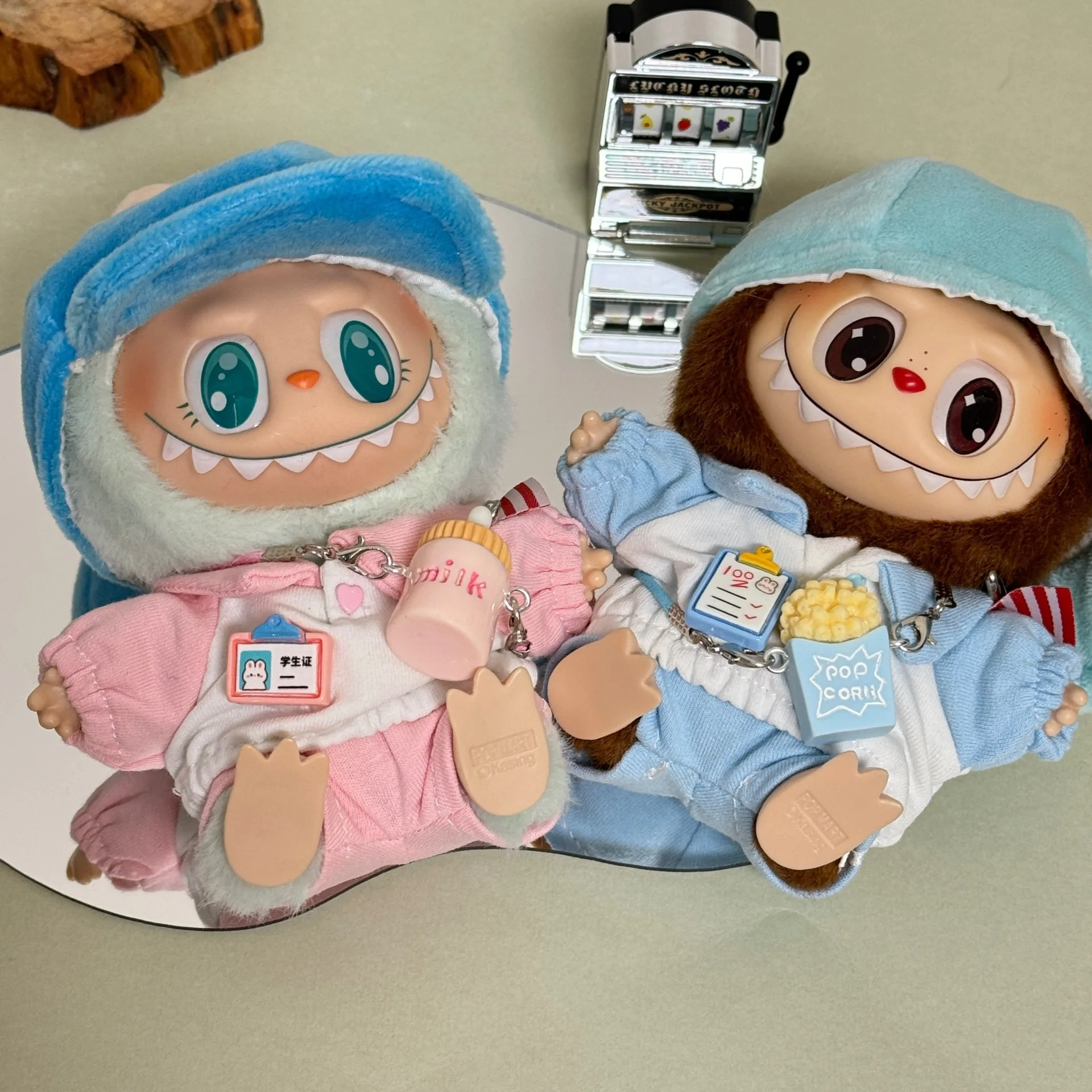 Cute Mini Labubu Cute Student Set 17cm I II III Dolls Sitting Party Baseball Cap Milk Bottle Outfit