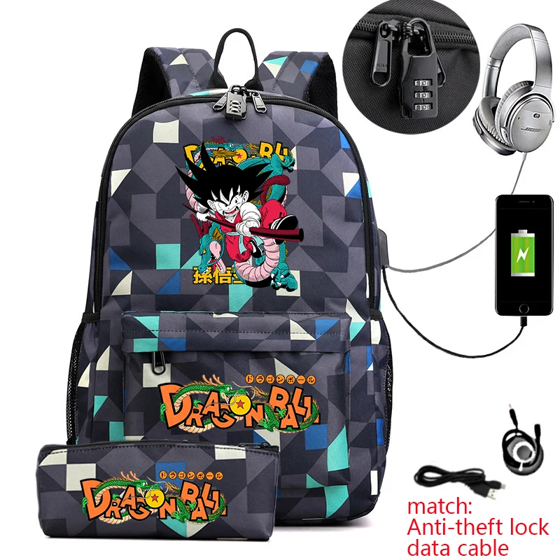 ドラゴンボール-アニメ-カジュアル-バックパック-男の子-女の子用-盗難防止-ショルダーバッグ-ペンシルケース付き-学校-旅行用