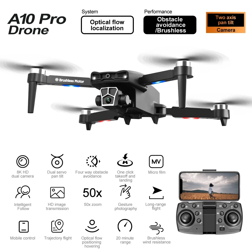 New A10 Pro Drone 2-axis 8K brushless optical flow four axis aircraft three camera aerial photography remote-controlled Dron