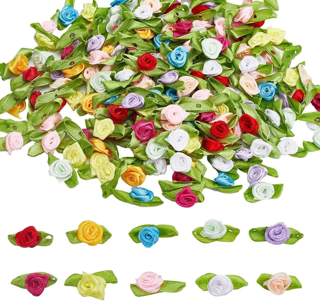 200Pcs 10 colors Mini Ribbon Roses for Crafts Artificial Fabric Flowers with Green Leaves Rosettes Small Flower Satin making kit