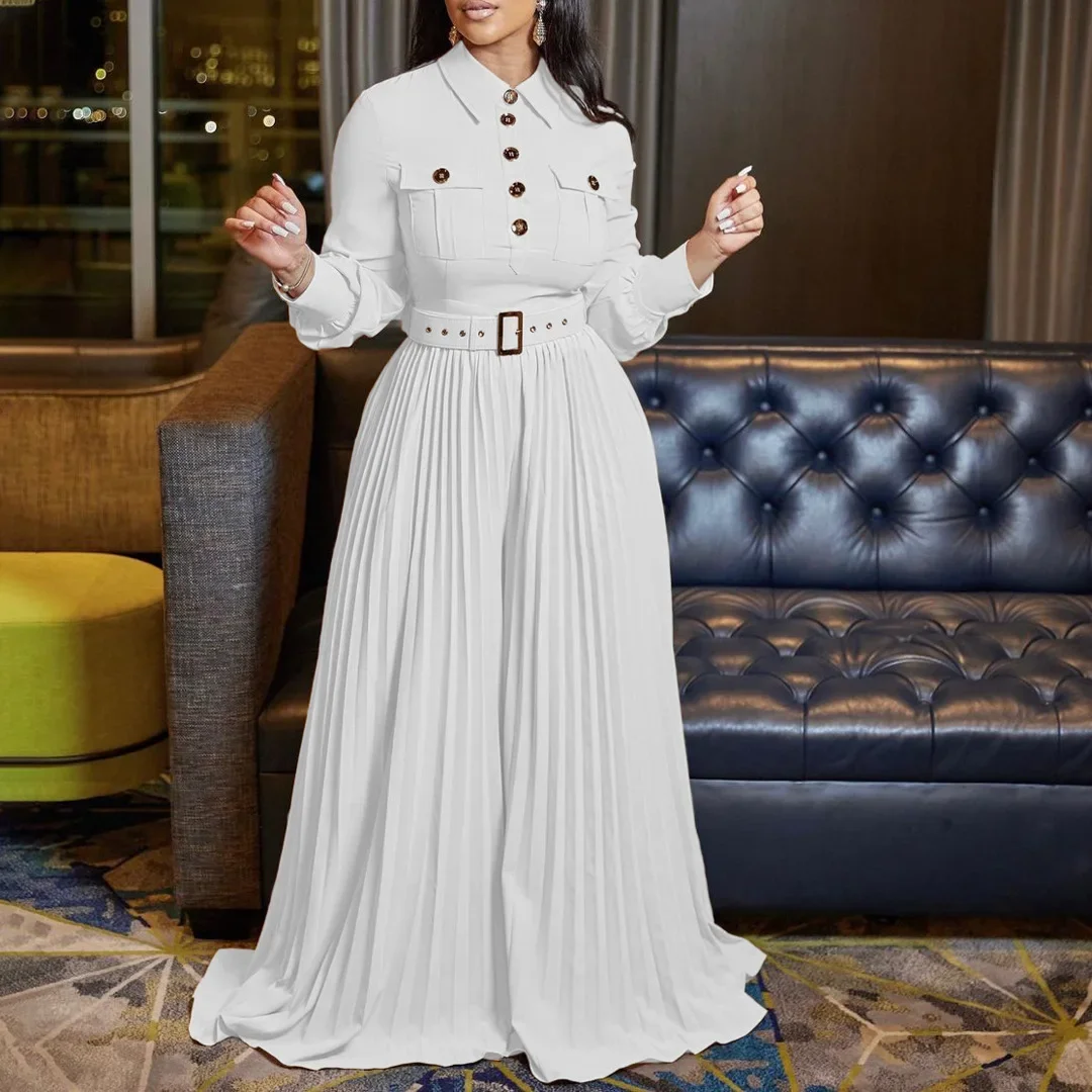 pleated Jumpsuits Women Single Breasted Long Sleeve Rompers Overalls Wide Leg Pants Spliced Sashes Slim Fit One Piece Button