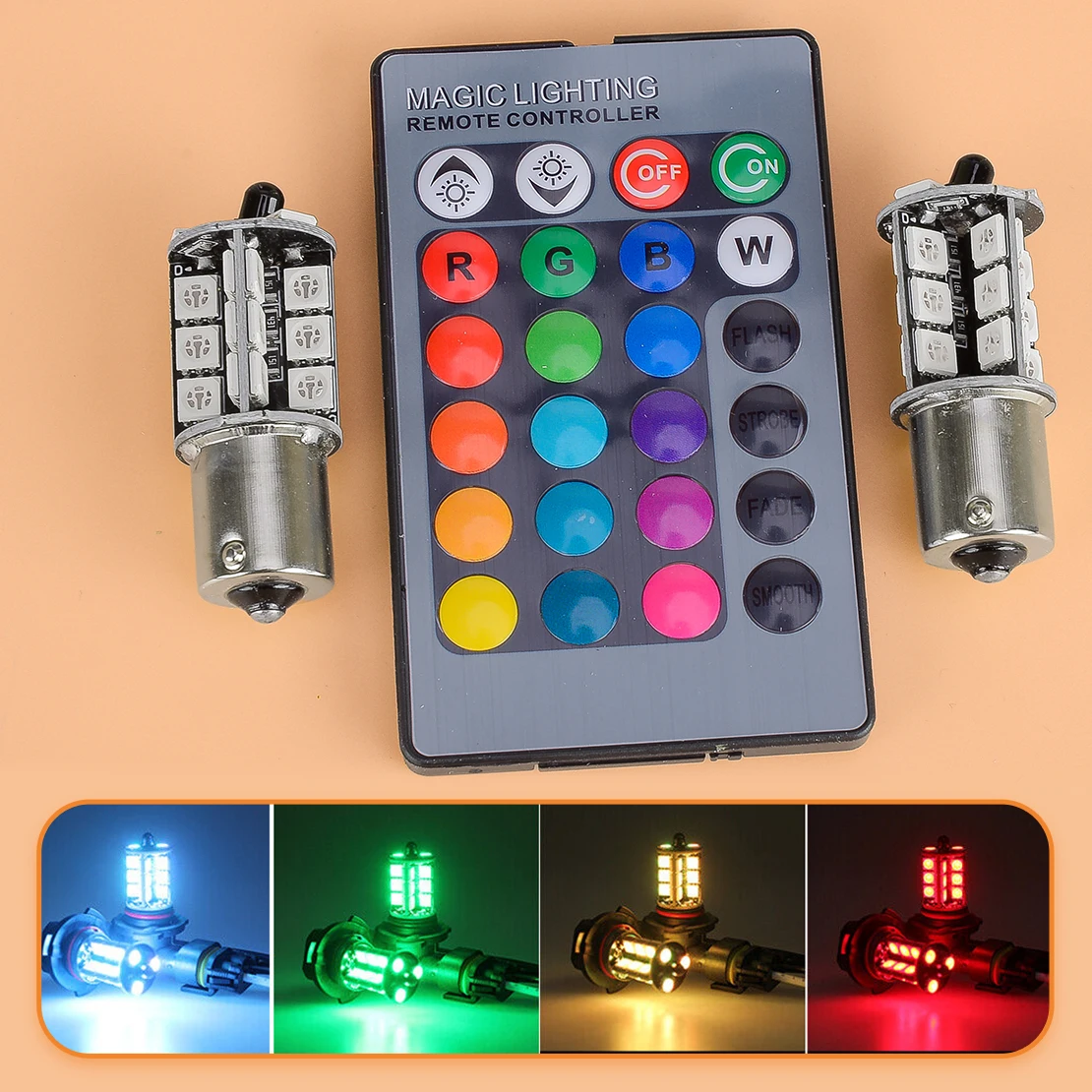 Luces LED traseras para freno de marcha atrás, bombillas con control remoto, 5W, 2 piezas, 1156 BA15S, P21W, 382, 27SMD, 5050 RGB, CC de 12V