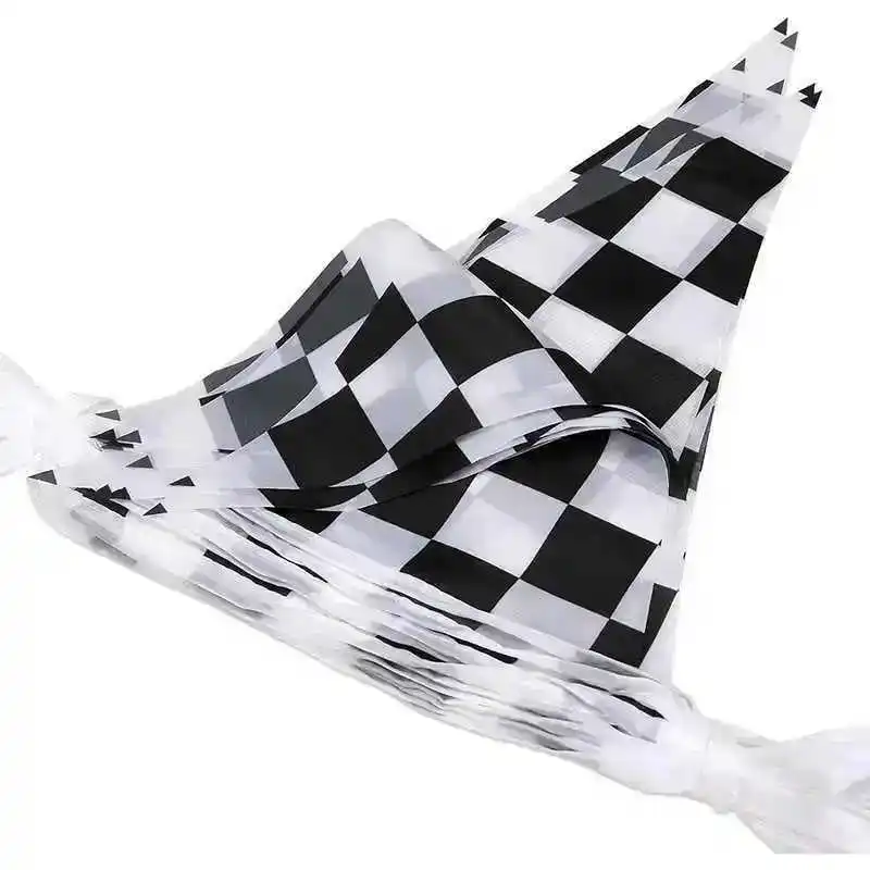 Auto Racing Checkered Flag 38PCS Triangle 14x21cm Polyester Black White Chequered Printed Decorative Hang String Racing Flags