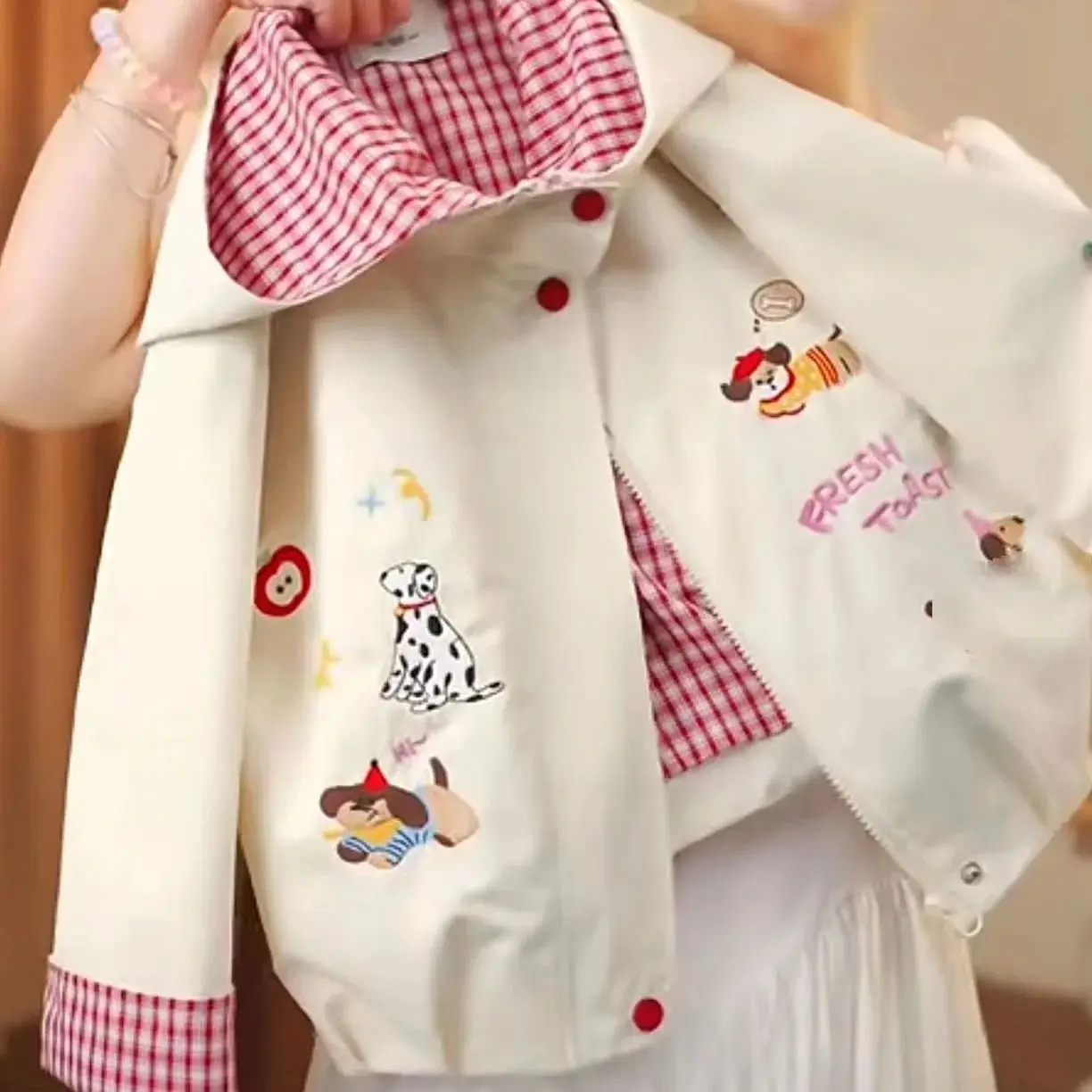 Sweet Cute Lapel Casual Jacket Cartoon Puppy Graphic Red Gingham Plaid Contrast Button Closure Loose Preppy Outerwear Coat