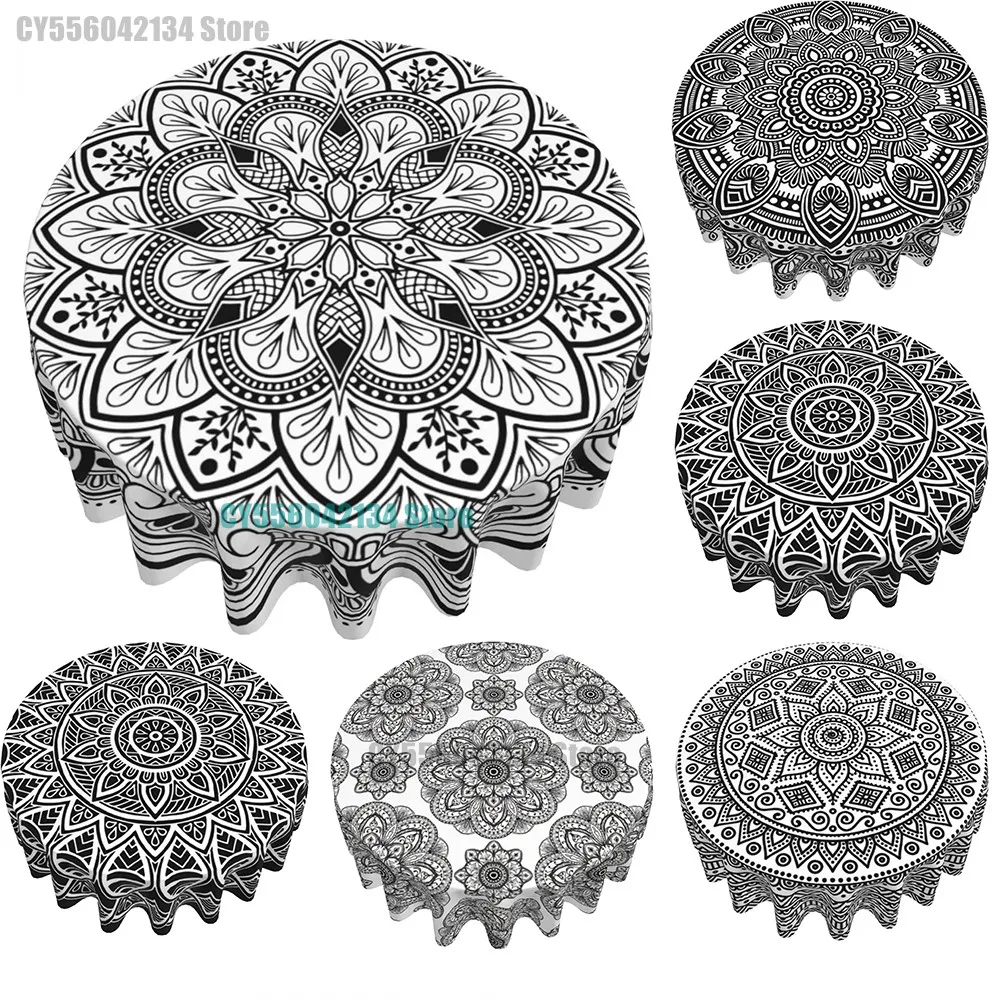 Round Tablecloth 60 Inch Mandala Black White Polyester Table Cover Circular Table Covers for Round Table Dining/Table/Wedding