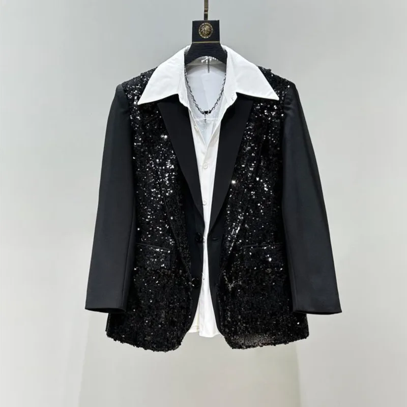 WVGA Spring Autumn New Men Tide Heavy Sequin Patchwork Blazer High-end Design Padded Shoulder Niche Chic Casual Coats Ins W25346