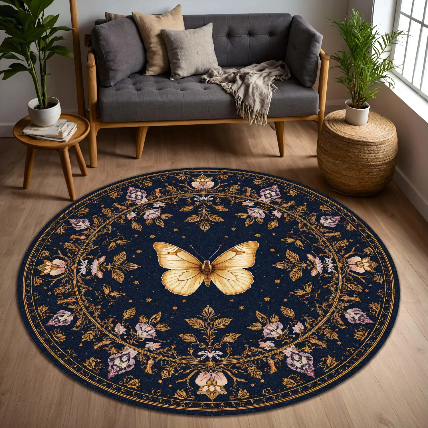 Moth Round Rug, Navy Blue Floral Round Rug, Victorian Country Style Dark Academia Witch Decor, Starry Sky Plant Rug