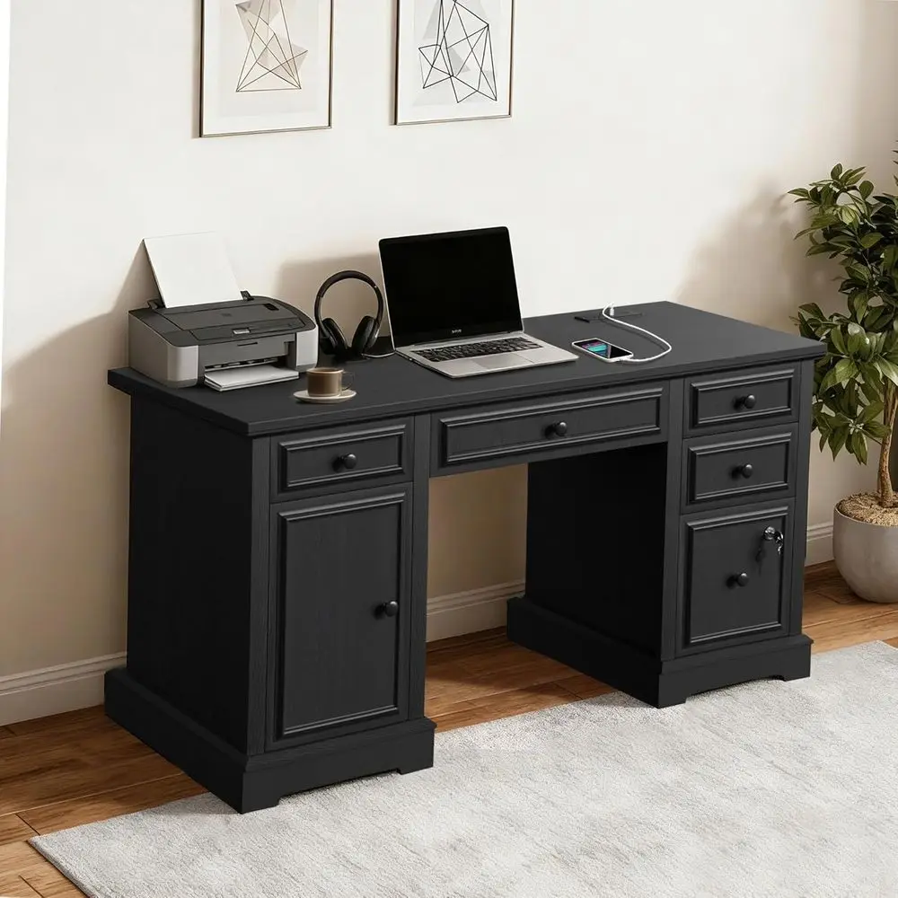 

Письменный стол руководителя 59 дюймов с выдвижными ящиками, деревянный компьютерный стол для домашнего офиса, с запираемым отсеком для документов, шкафом для хранения и розеткой.