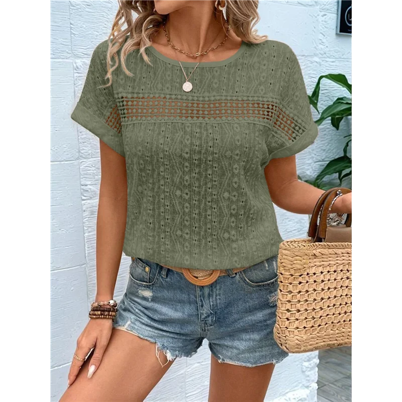 

ASDS-Womens Tops Casual Scoop Neck Short Sleeve Embroidered Lace Hollow Out Shirts Loose Tunic Knit Boho Blouses