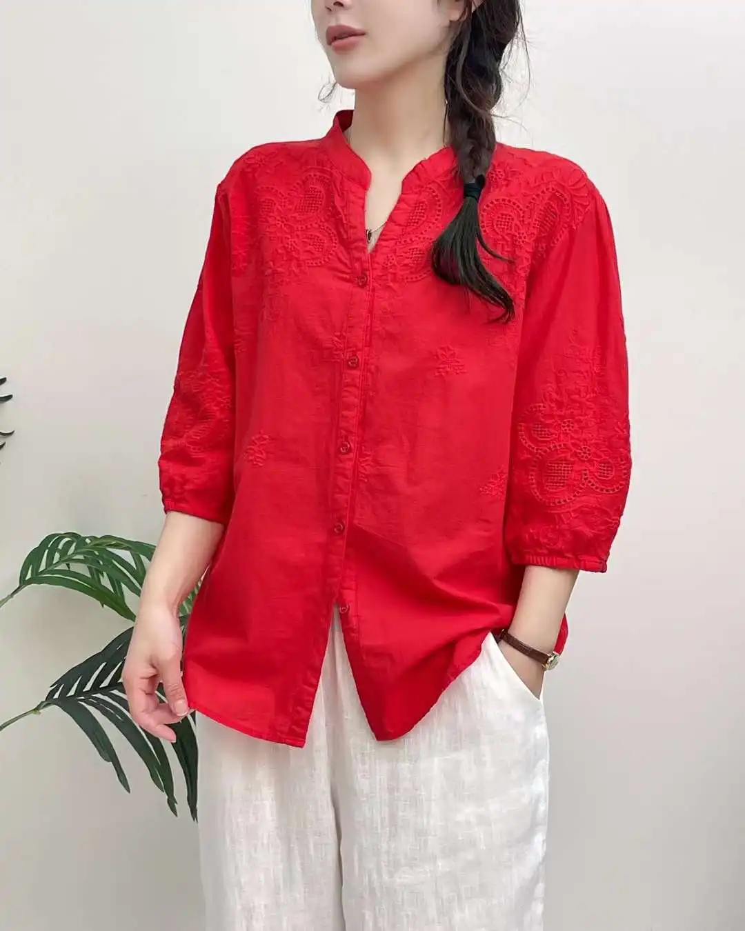 New Spring Cotton Loose Fashion Shirt Women Embroidery 3/4 Sleeve V Neck Tops Girl Sweet Casual Blouses 2024 Summer T44618QM