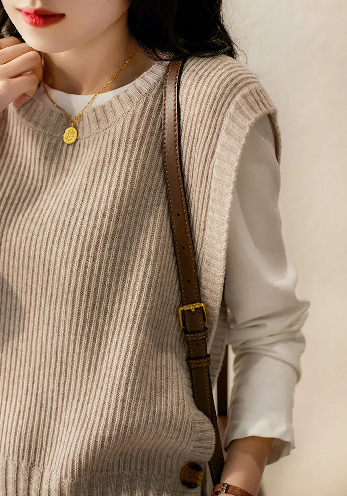 Suéter de cachemira sin mangas para mujer, chaleco de cuello redondo, sólido, informal, moda Chic, Tops de otoño e invierno