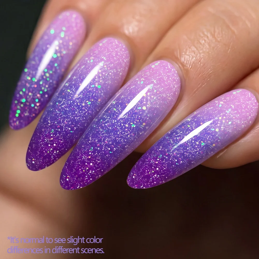 Visuatia Phantom Purple Glitter Temperature-Changing Nail Gel, changes to three shades of purple as the temperature changes, with fine, colorful laser glitter embedded inside. The gel applies smoothly, the glitter part