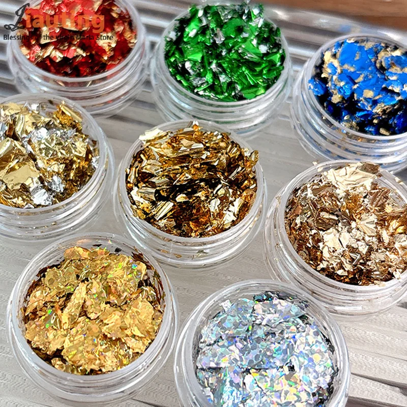 1Box Gold Foil Fragment Nail Glitter For DIY Nails Sticker Art Nail Decorations Multi Color Gold Leaf Flakes