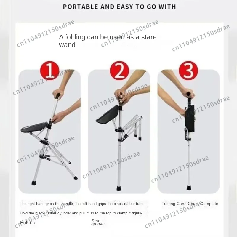 110KG load bearing New High Quality Aluminum Alloy Foldable Cane Stick Seat Adjustable Elderly Crutch fishing Chair With Stool