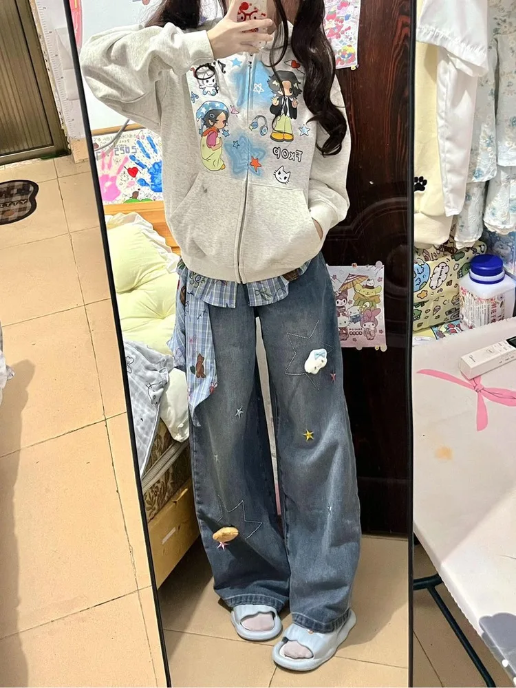 American High Street Bear Plaid Scarf Embroidered Denim Jeans Loose Straight Leg Wide Leg Long Trousers for Men And Women