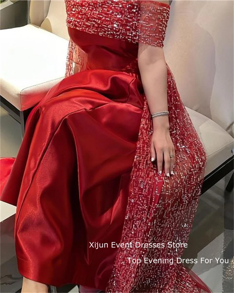 Xijun-vestido de noche rojo con lentejuelas y cuello de barco para mujer, traje de fiesta largo Formal de satén con cola de barrido, vestidos de fiesta de Arbia saudita para ocasiones