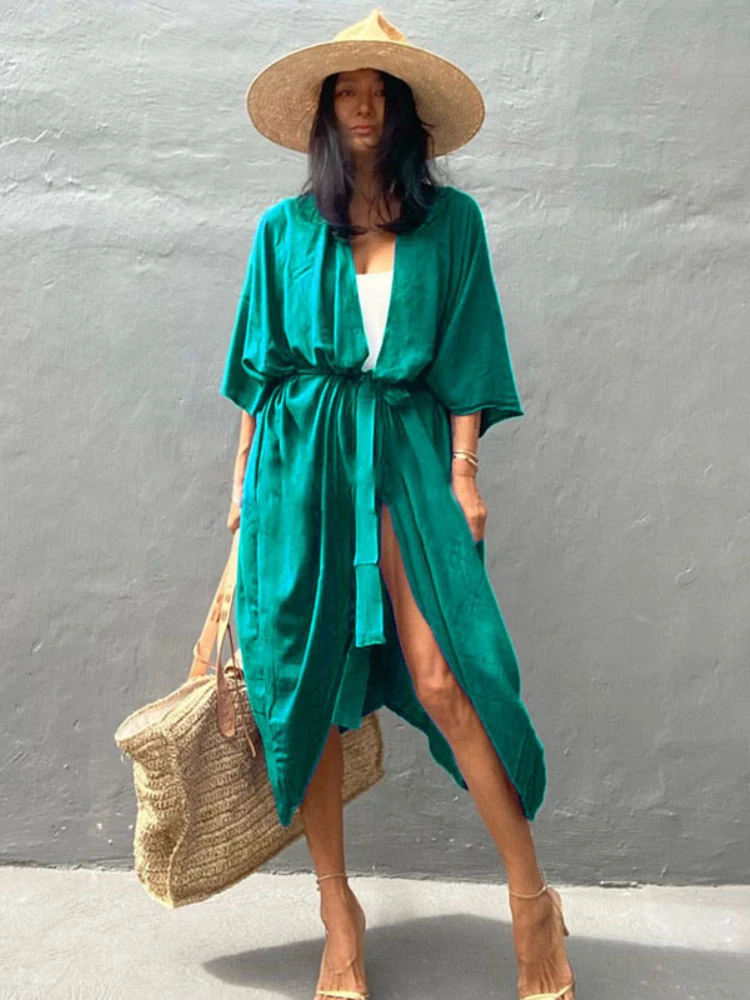 Beach Cover Up Kimono Women Summer 2022 New Pareo Swimsuit Cape Solid Bohemian Tunic Dresses Bathing Suits Dropshipping