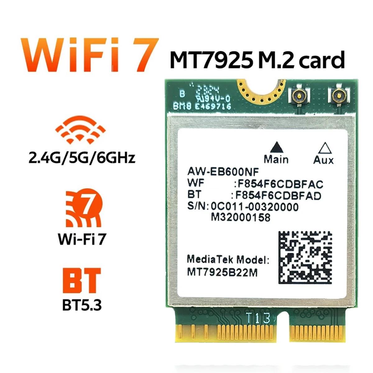 ATP-MT7925 WIFI 7 Card+2xAntennas 5400Mbps M.2 Triple Band 2.4G/5G/6G BT5.3 WiFi Card Adapter for Win10/Win11 Linux