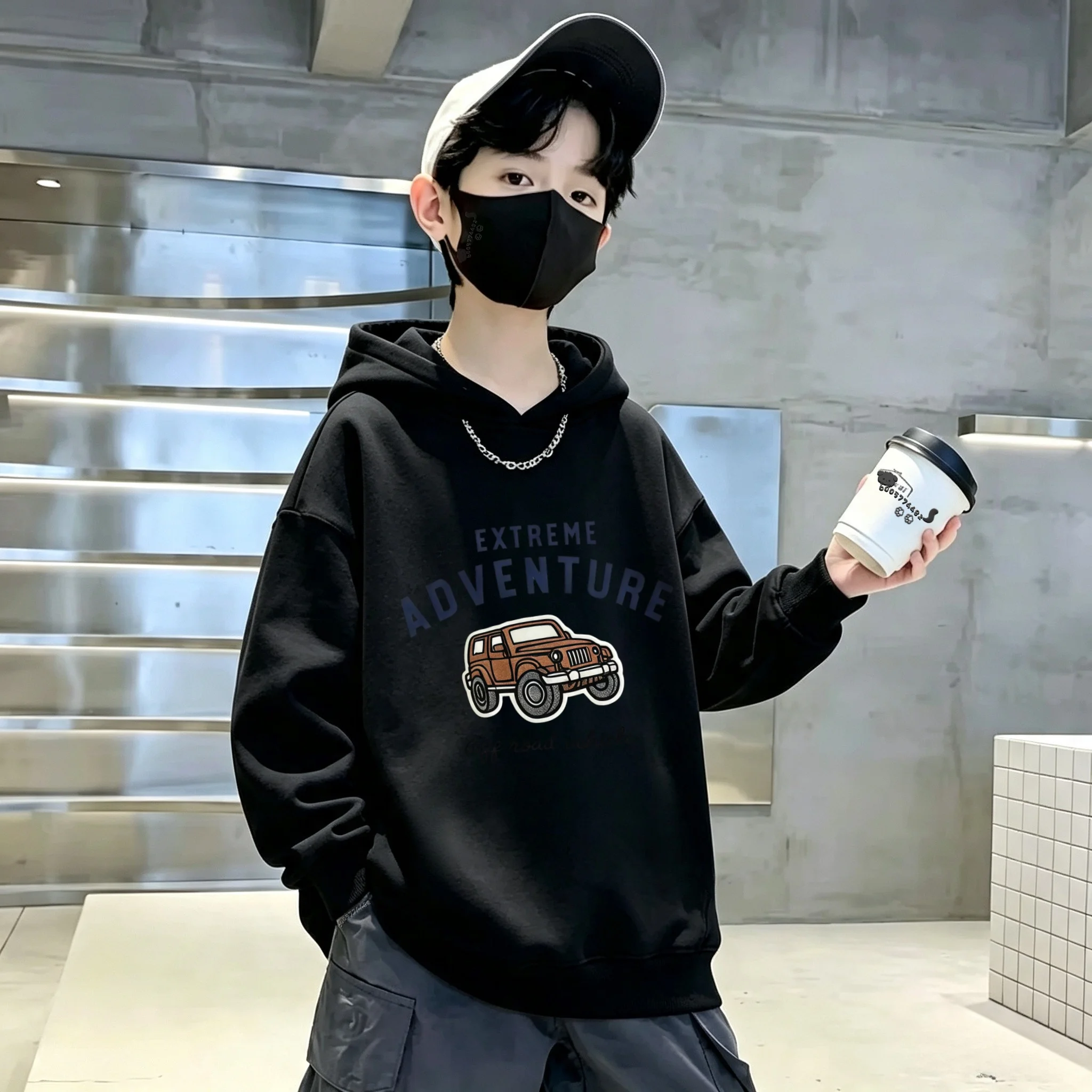 Y2K Kids Hooded Sweatshirt Autumn Winter, Extreme Adventure Off-road Jeep Letter Print, Unisex Pullover Hoodie Casual Warm Top