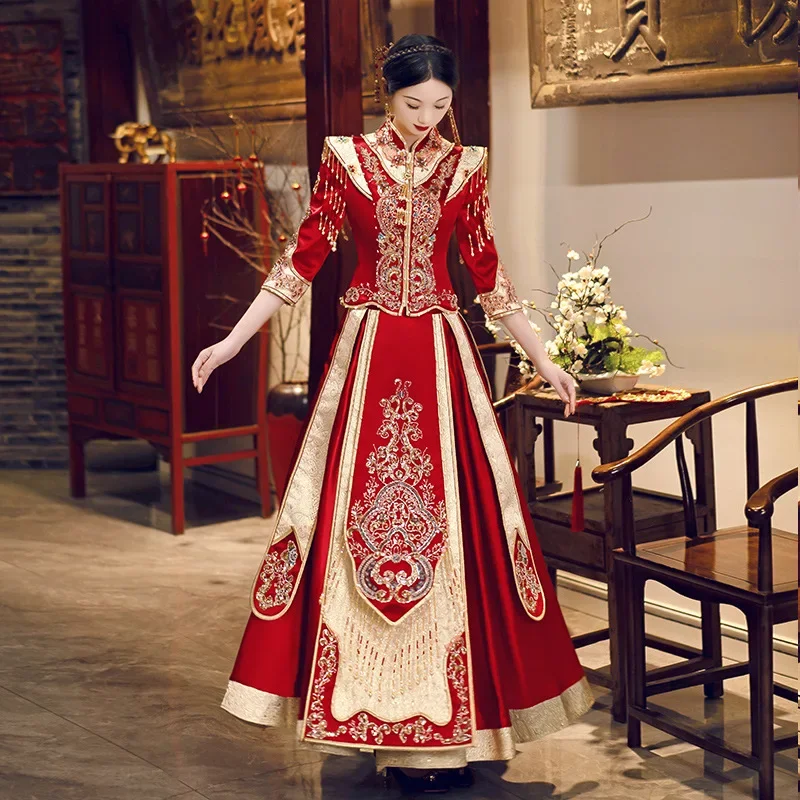 Robe de Mariée Traditionnelle de Style Chinois Cheongsam pour Couple, Tenue Classique à Paillettes, Perles, Broderie, Pompons