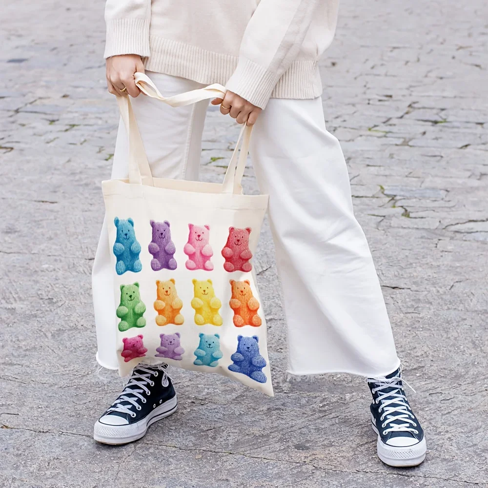 1pc, Colorful Teddy Bear Illustration Canvas Tote Bag Grocery Bags (35.05cm x 40.13cm), Stylish Reusable Shopping Bag for Daily