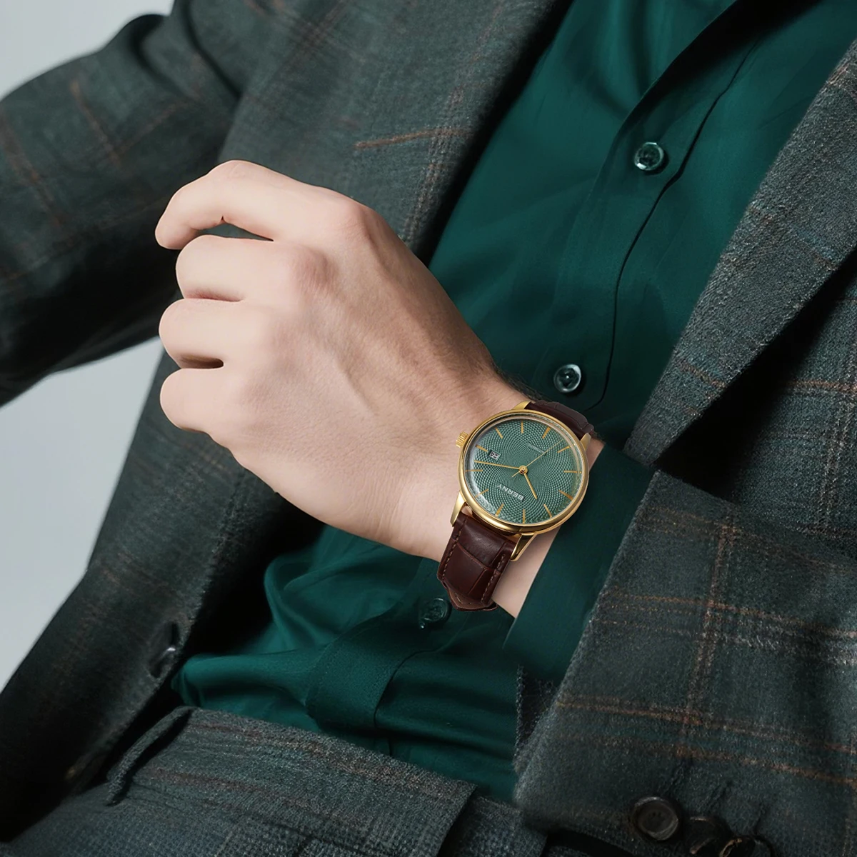 BERNY Automatikuhren für Herren, luxuriöse klassische mechanische Herrenuhr, gewölbtes Glas, Kalender, elegante, schlanke Armbanduhr – Detail 23