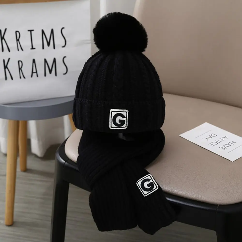 

Thicken Children's Hat with Scarf Plush Ball Neck Warmer Kids Crochet Hat Solid Color Korean Style Baby Ear Protection Hat