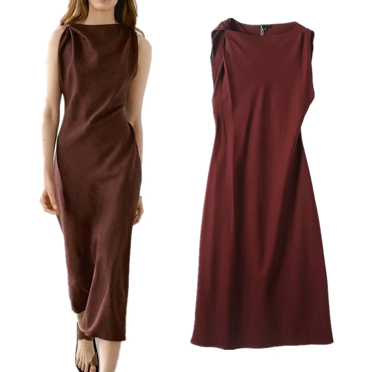 

Maxdutti French Vintage Brown Linen Dress Women Summer Sleeveless Elegant MIDI Dress Evening Dresses Party Dresses Vestidos