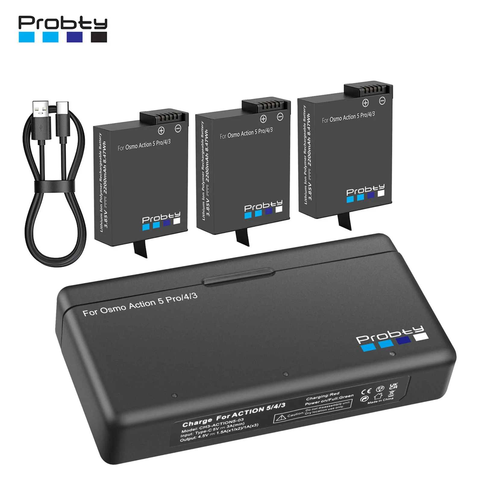 Probty 2200mAh Replacement Battery for DJI Osmo 360 Action 5 Pro/4/3, Charger Box for DJI 3/4/5Pro Camera Accessories
