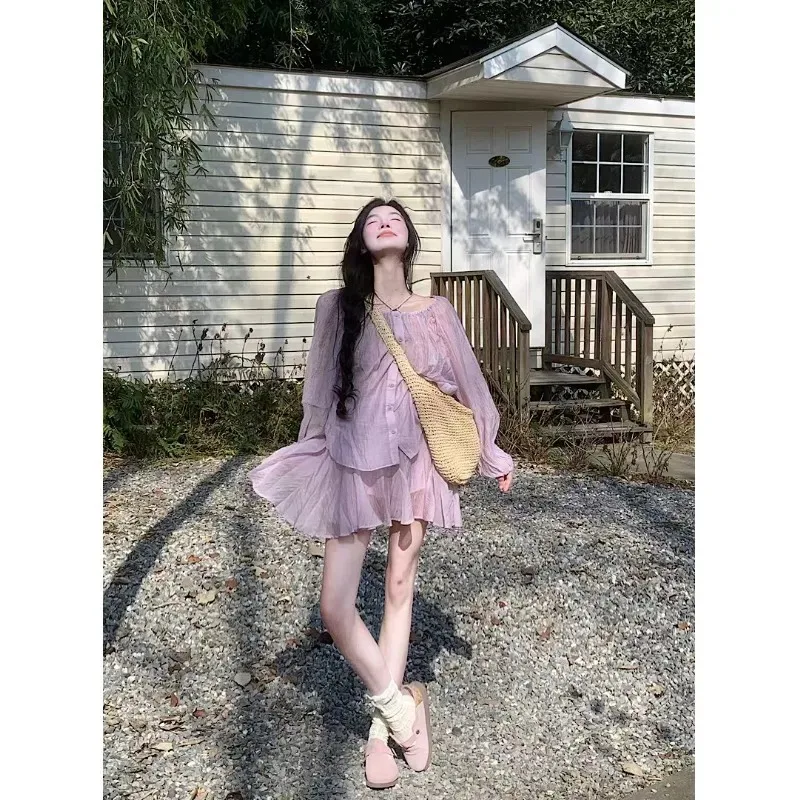 レディース ライトパープル シフォン フリル ドレス 長袖 スモック カジュアル ミニドレス