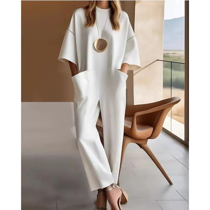 

Casual Solid Color Women's Jumpsuit Fashion O-neck Three-quarter Sleeve Loose Pants Autumn Winter Ladies Pretty One-piece Pants