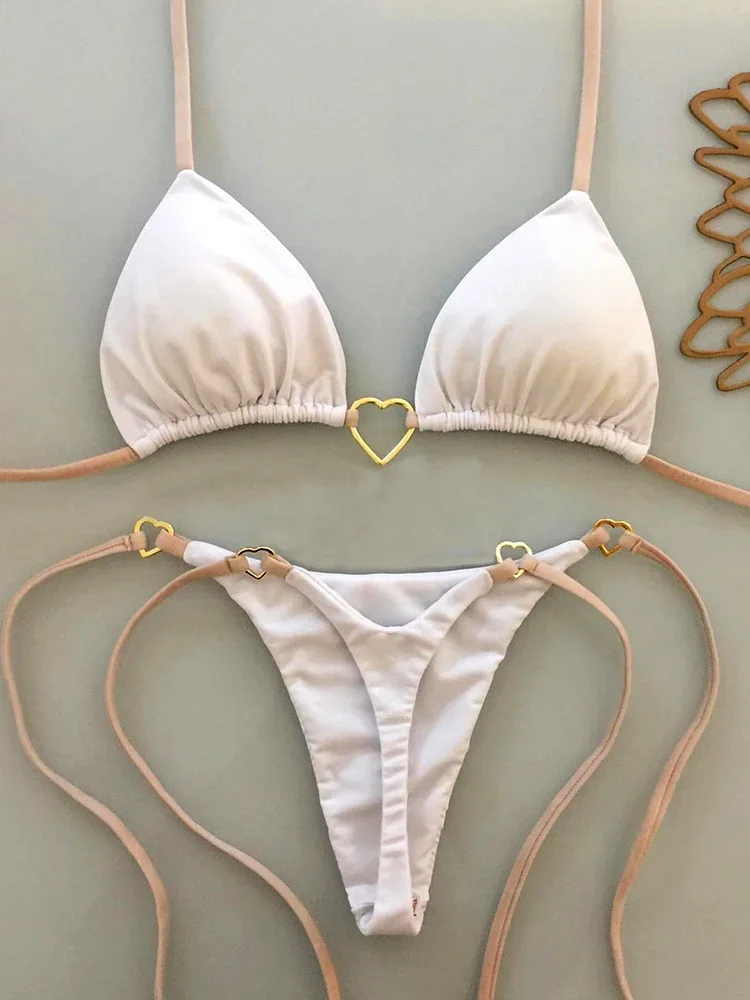 Metal Heart-shaped Halter Mini Micro Thong Bikini Female Swimsuit Women Swimwear Two-pieces Bikini Set Bather Bathing Suit Swim