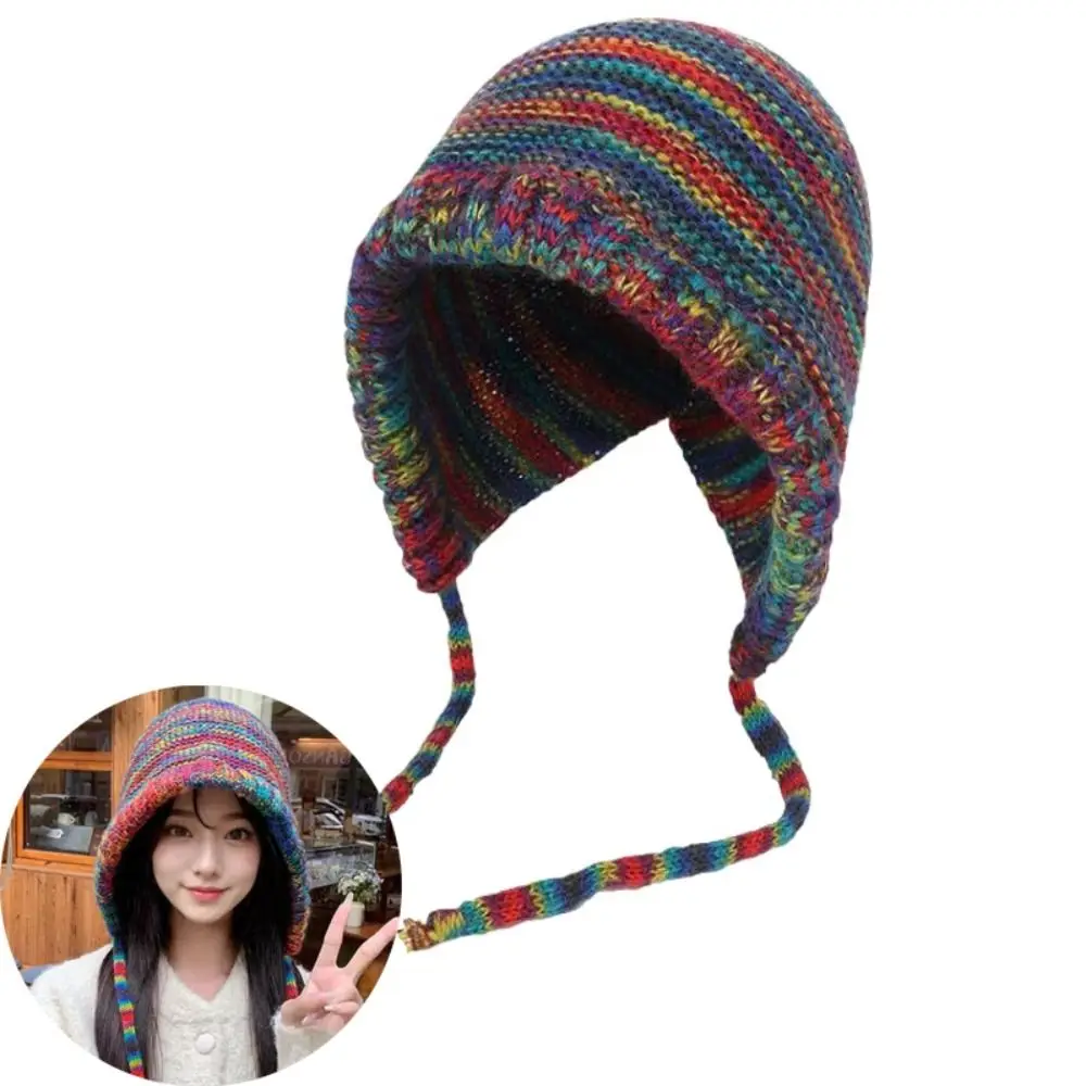 Rainbow Striped Knitting Beanie Hat Gradient Wool Handmade Crochet Crochet Cap Thick Knit Soft Fabric Warm Ear Cap For Women