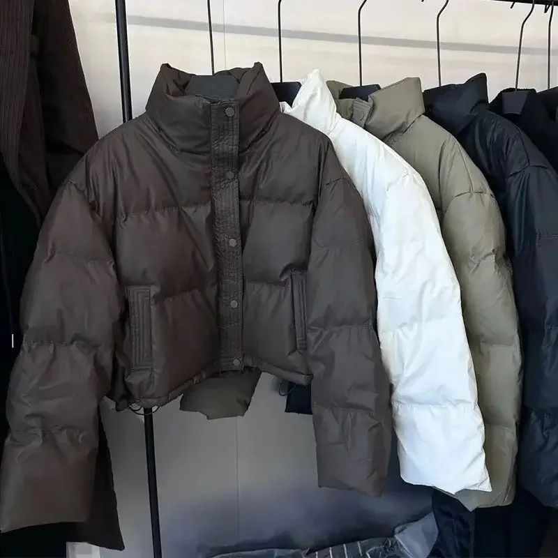 Thickened PU Leather Cotton Parkas for Women with Stand Collar, Bread Coat, and Portable Design in Winter 2024