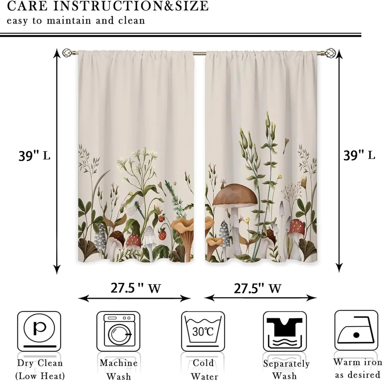 Vintage Mushroom Small Kitchen Curtains Leaves Botanical Window Treatment Rustic Mushroom Cafe Short Window Curtains for
