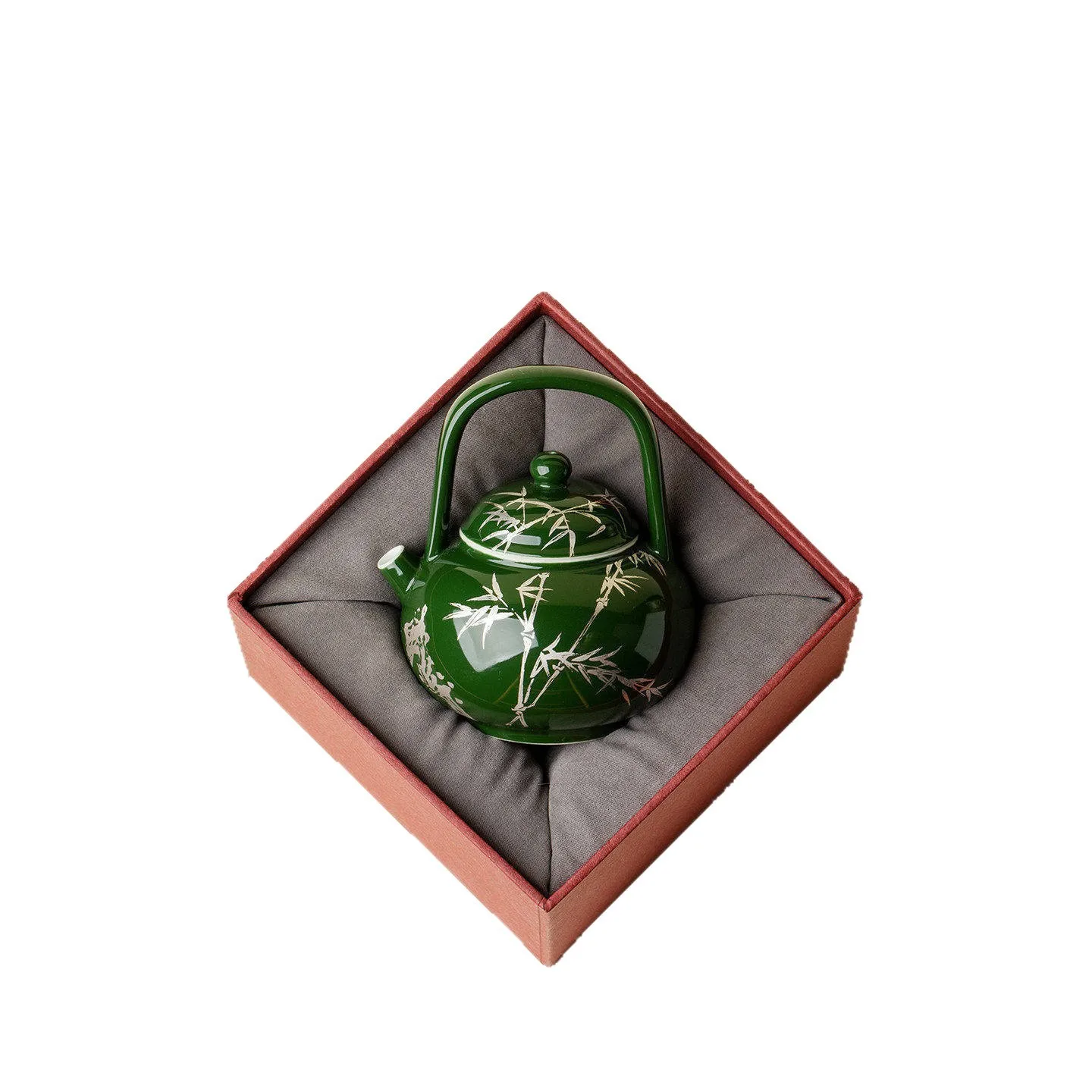 Ino Kiyosong Vintage Dark Green Silver Bamboo With Handle Chinese Style Ceramic Teapot High-End Kung Fu Tea Set Single Teapot