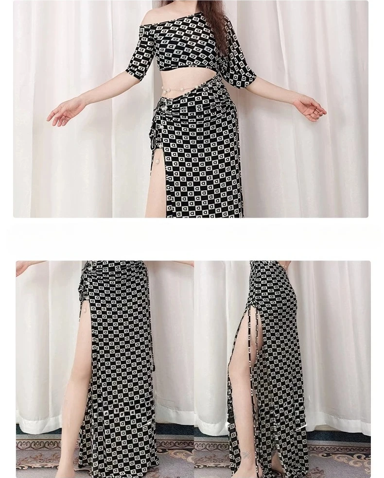 Bauchtanz-Übungskostüm Schwarz-Weiß Kariertes Muster Sexy Taillenbetontes Kleid Orientalische Bühnenauftritts-Kleidung – Detail 2