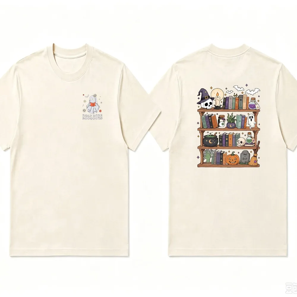 Halloween Witch Bookshelf Graphic T‑Shirt Men Women Double‑Sided Print Tees Skull Ghost Pumpkin Potion Bottle Casual Cotton Top