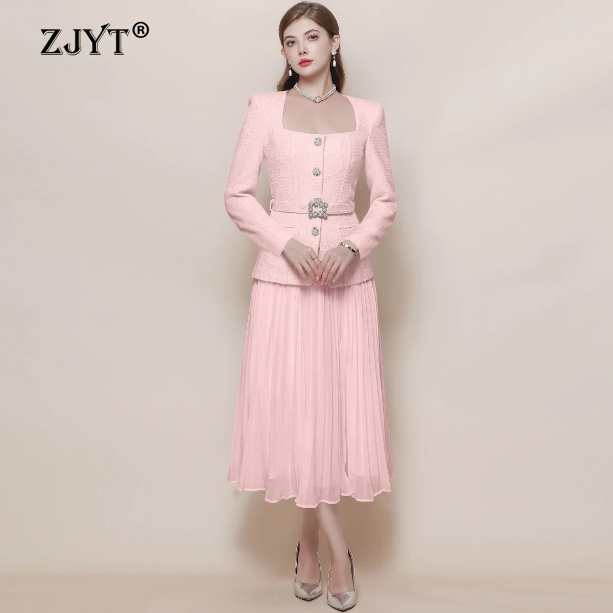 

ZJYT Spring 2026 Elegant Woman Party Dress Long Sleeve Square Collar Chiffon Patchwork Pleated Midi Dresses Pink Black Vestidos