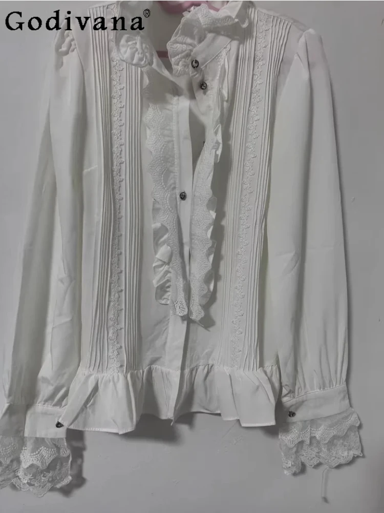 

Весенне-осенняя новинка: элегантная блузка в стиле французского ретро с кружевом, модная белая рубашка с рюшами, воротником-стойкой и длинными рукавами в стиле Лолита