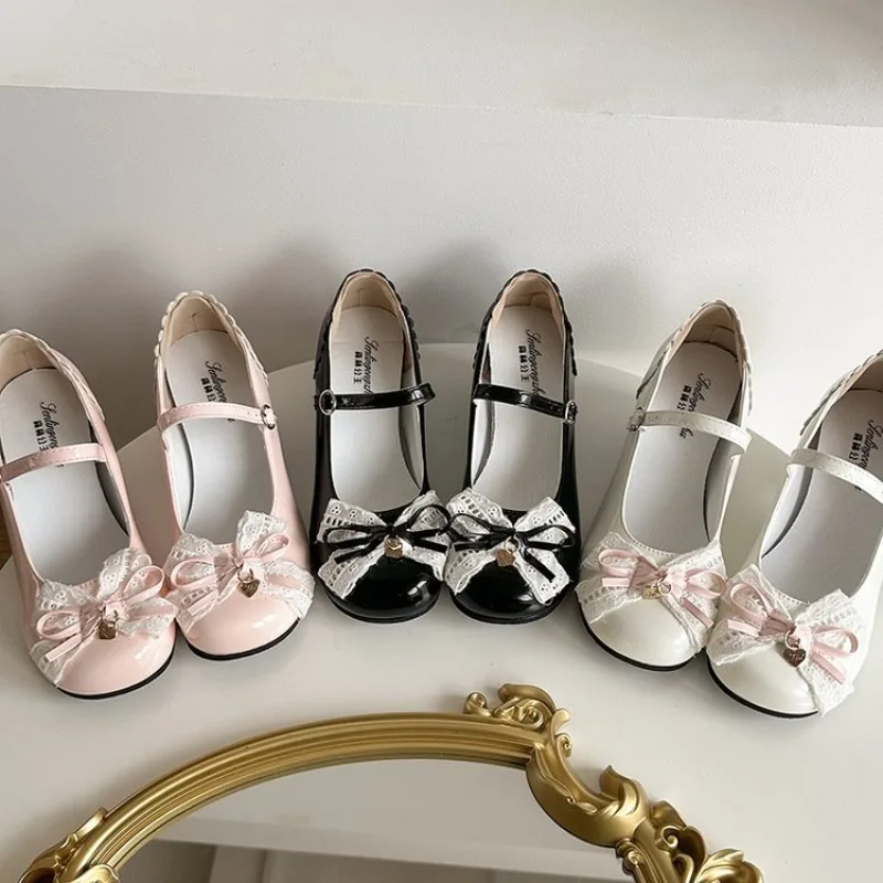 Sweet Lolita Butterfly-knot Women Mary Jane Shoes Concise Mid Heel Patent Leather Dress Shoes Cosplay Party Daily Wear Pumps