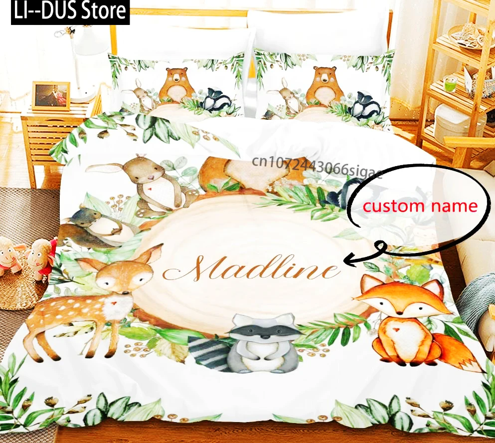 Custom Name Duvet Cover Set Cartoon Forest Animals Bedding Set Twin Full Queen King For Kids Girls Boys Birthday Wedding Gifts