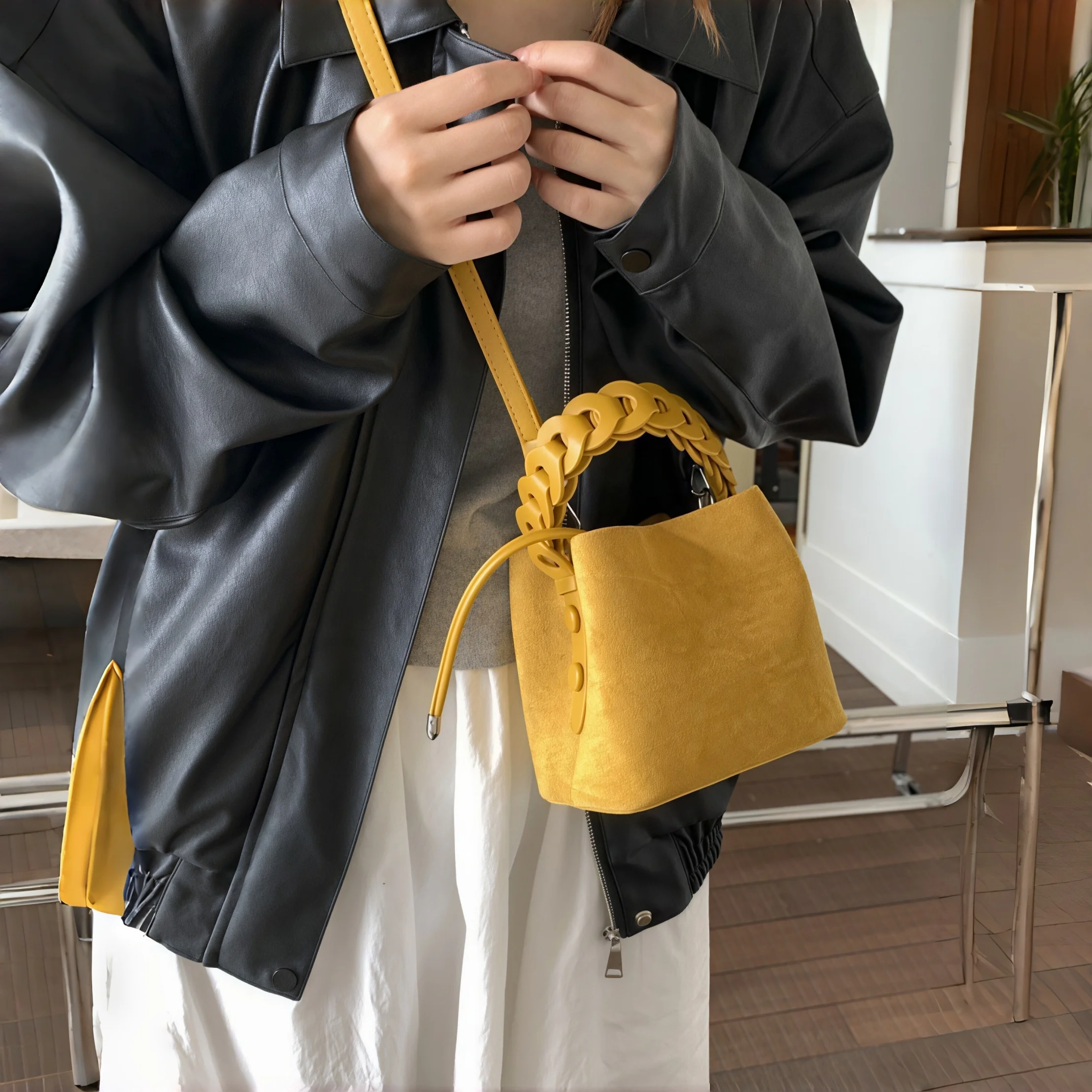 Solid Color Frosted Handmade Woven Handbags Autumn New Luxury Design Bucket Bag For Women Korean Fashion Texture Crossbody Bags