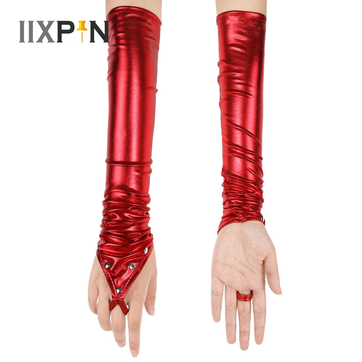 

Women Wetlook Patent Leather Gloves Metallic Fingerless Flirting Long Gloves with Rivets for Night Club Dancewear Party Favors