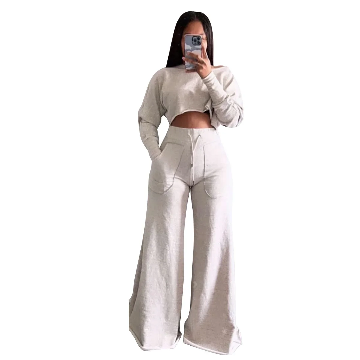 Women Pant Set Two Piece Sets Round Neck Full Sleeve Casual Loose Elegant Splice Tops Wide Leg Long Pants High Elastic Waist