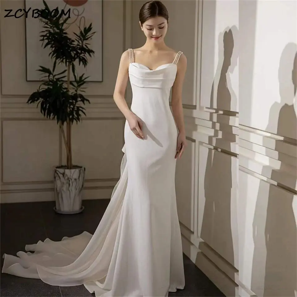 Elegant Spaghetti Strap Pearl Bow Backless Satin Wedding Dresses For Women 2024 Court Train Bridal Gowns Vestidos De Noiva