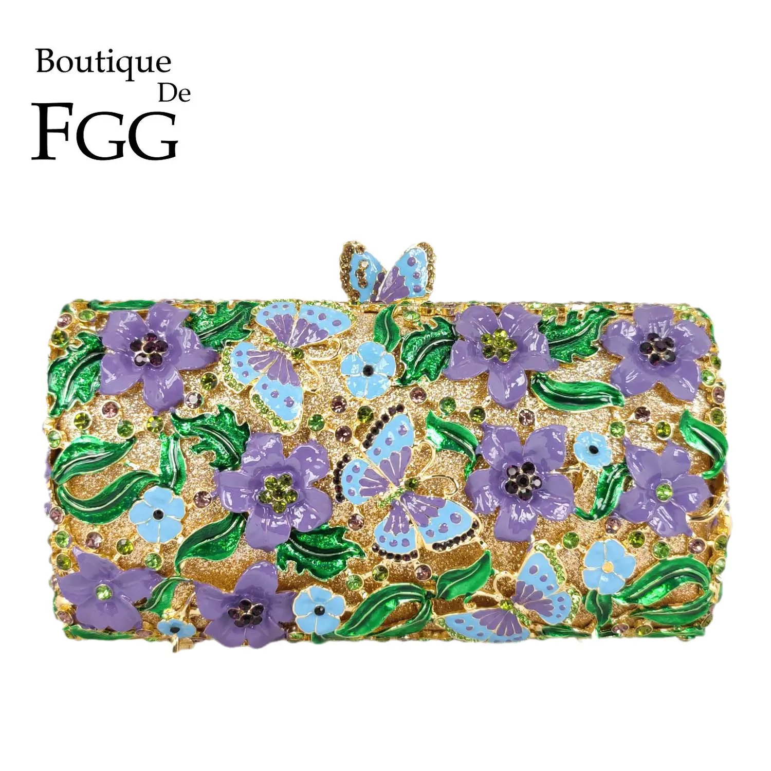 

Boutique De FGG Flowers & Butterfly Light Purple Lilac Women Crystal Clutch Evening Bags Bridal Handbags Wedding Party Handbags